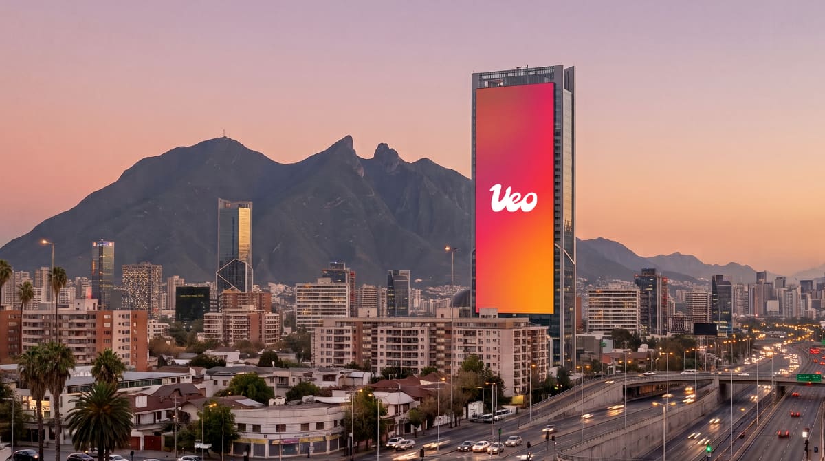 Escena ilustrativa de una pantalla vertical con la marca Veo en un paisaje urbano