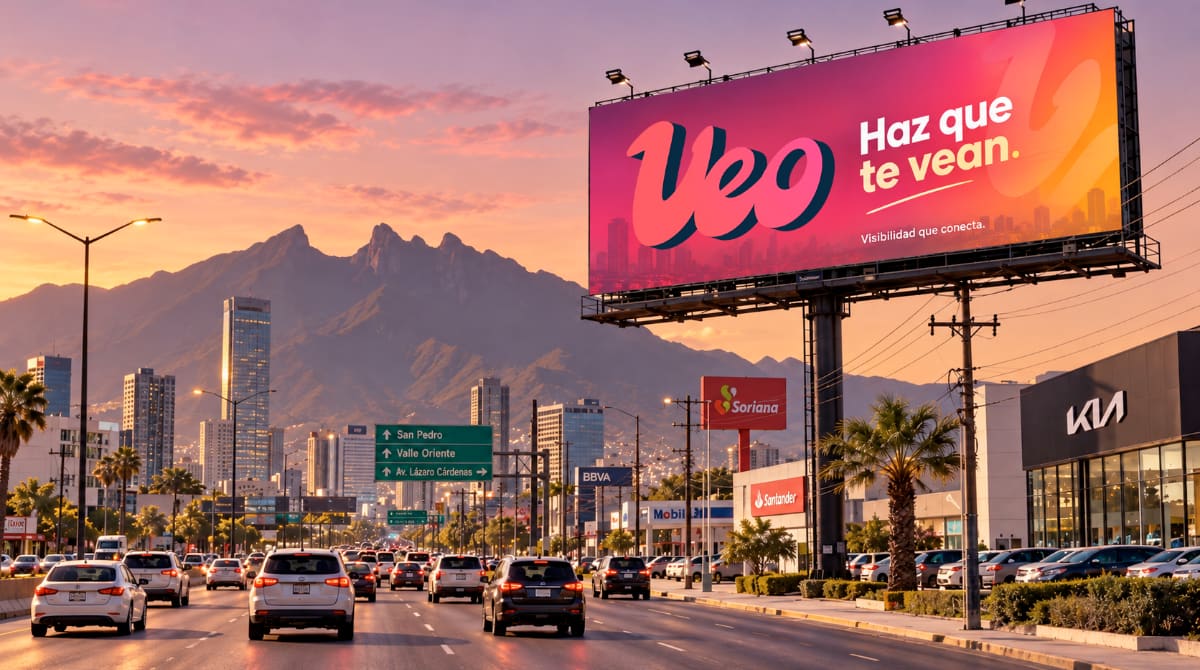 Escena ilustrativa de un panorámico con publicidad de Veo junto a una avenida al atardecer