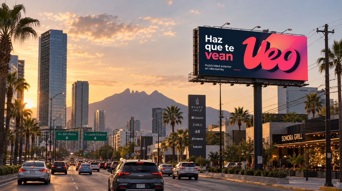 Escena ilustrativa de un panorámico Veo sobre una avenida con palmeras al atardecer